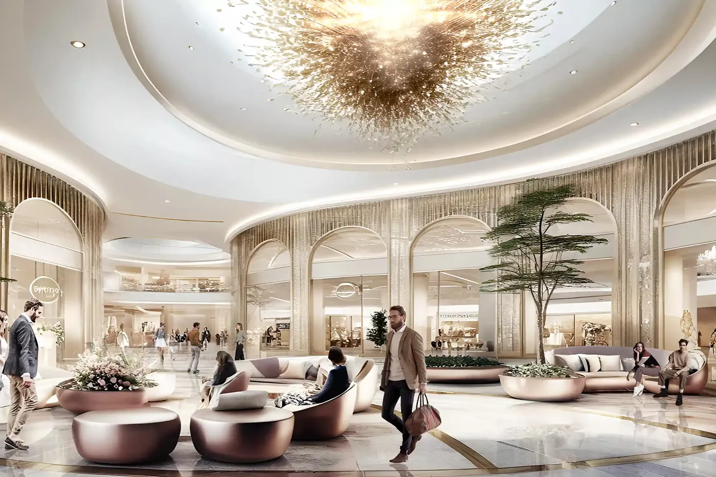 Elegant MVN Mall lobby with grand chandelier, arched storefronts, and luxury seating area