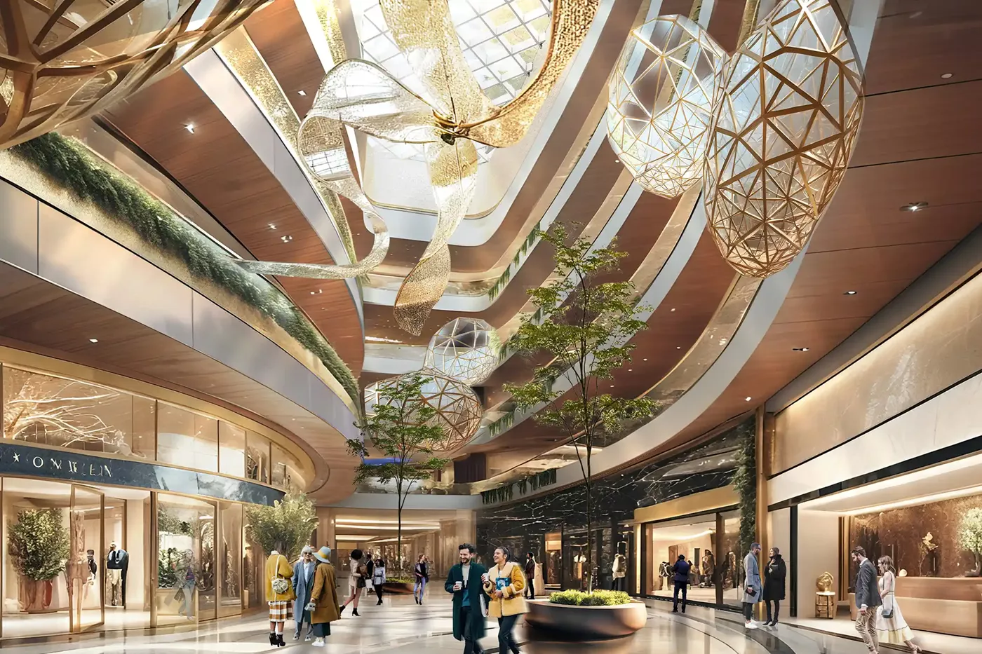 Luxury MVN Mall interior with curved balconies, designer storefronts, and sculptural ceiling installations