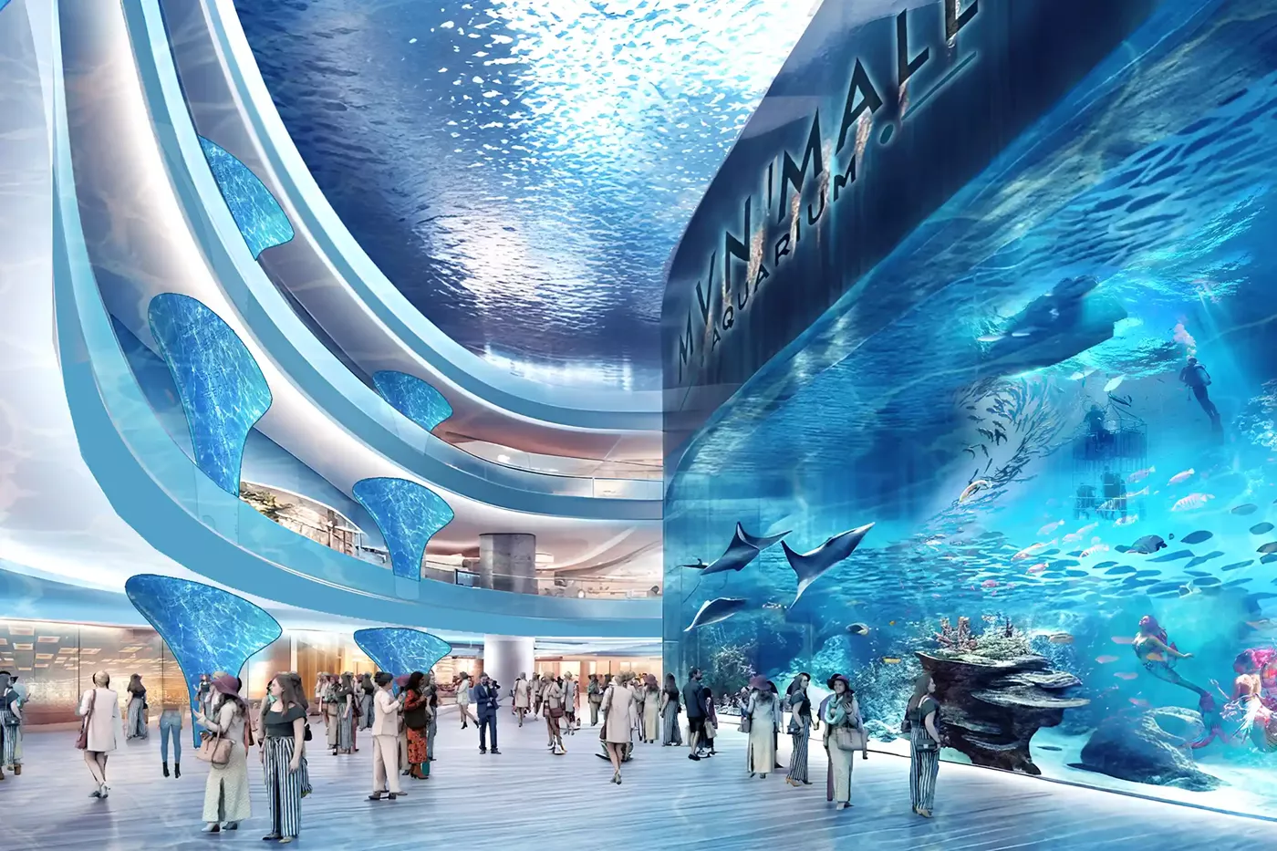 MVN Mall aquarium zone with massive underwater tank, marine life display, and multi-level balconies