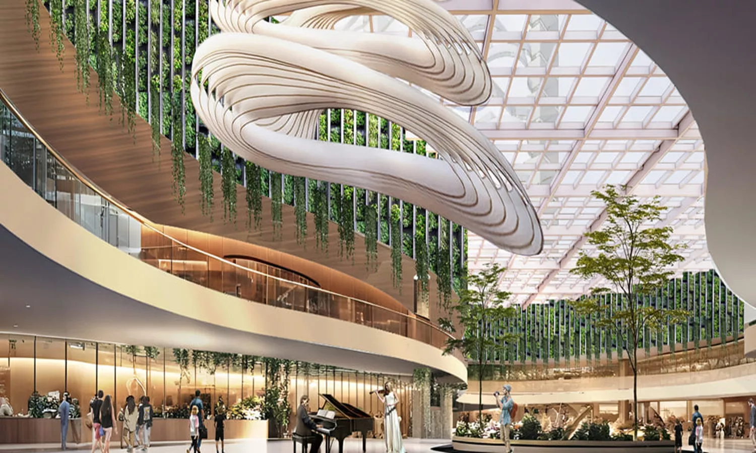 MVN Mall Gurgaon grand atrium with modern architecture, glass roof, greenery walls and luxury retail ambiance