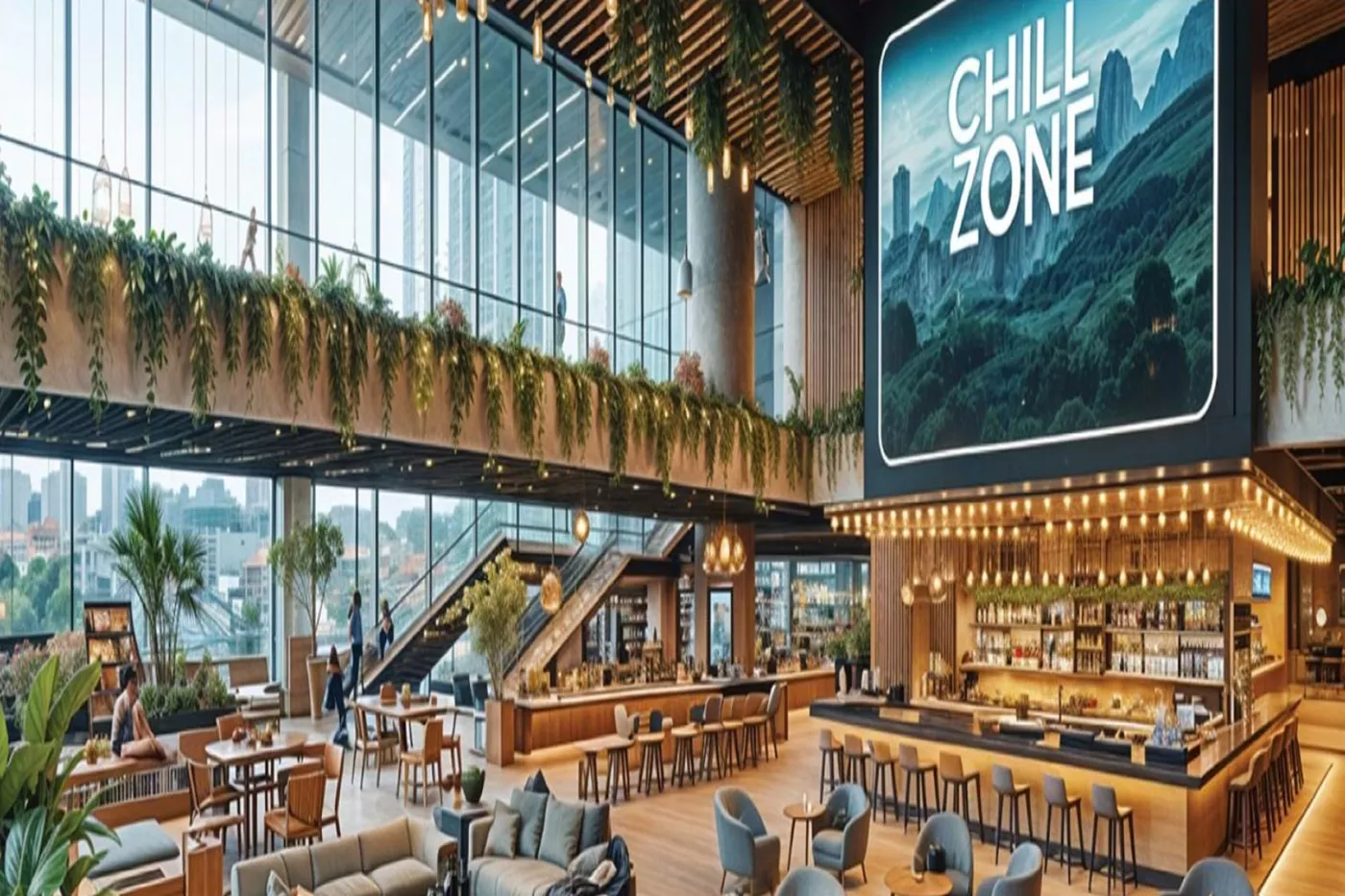 Interior of MVN Mall featuring a modern open lounge area with a central bar, wooden seating, indoor plants, escalators, large glass windows, and a prominent ‘Chill Zone’ digital display